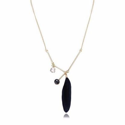 Picture of Balancing Style Simple Alloy Black Pearl Rhinestone Feather Necklace