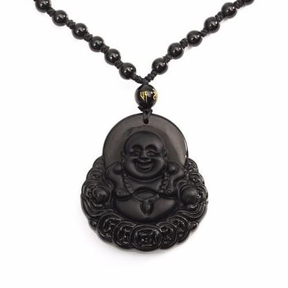 Picture of Simple Unisex Necklace Natural Obsidian Hand Carved Coin Smile Buddha Necklace