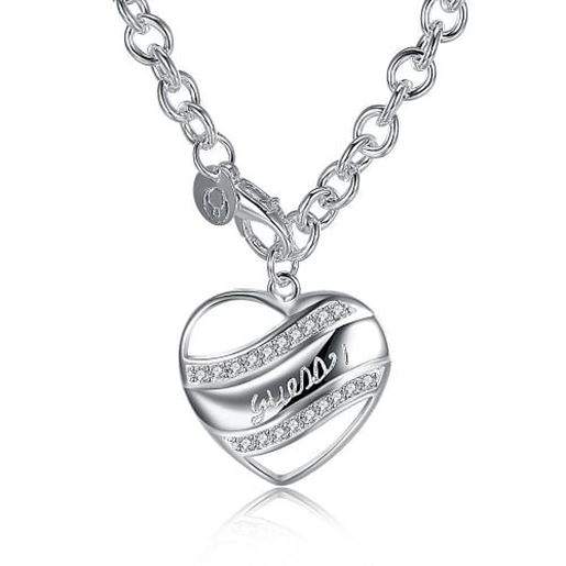 Picture of YUEYIN Sweet Heart Necklace Hollow Rhinestone Heart Silver Plated Neckalce