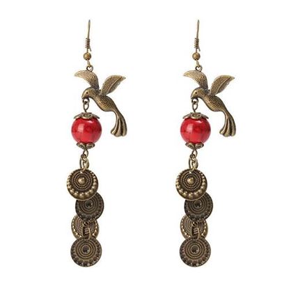 Picture of Ethnic Vintage Bronze Magpie Bird Red Turquoise Women Earring Jewelry