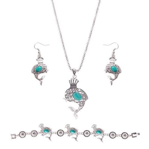 Picture of Cute Jewelry Set Dolphin Crown Turquoise Necklace Earrings Bracelet Kit