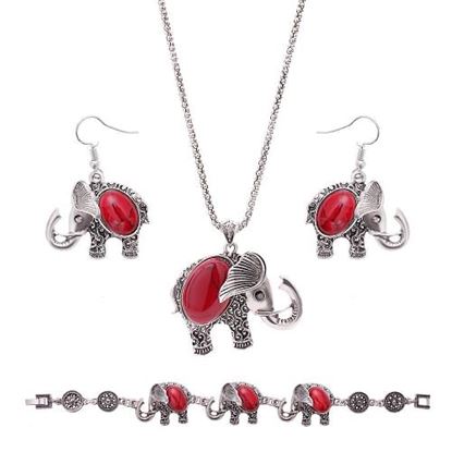 Picture of Cute Jewelry Set Elephant Red Turquoise Earrings Necklace Bracelet Set