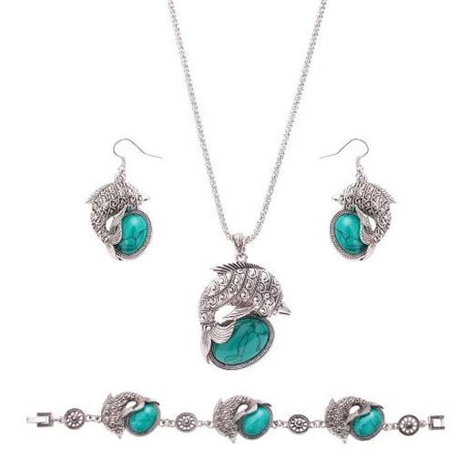 Picture of Retro Jewelry Set Fish Turquoise Pendant Necklace Earrings Bracelet Set