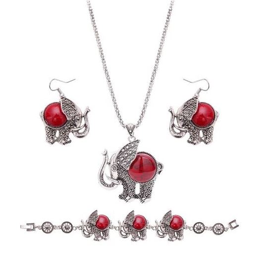 Picture of Retro Jewelry Set Elephant Round Turquoise Earrings Necklace Bracelet Set