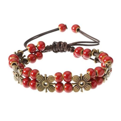 Picture of Women's Ethnic Bracelet Flower Ceramics Beads Retro Rope Bracelet