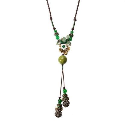 Picture of Women's Ethnic Necklace Green Agate Flower Ceramic Necklace