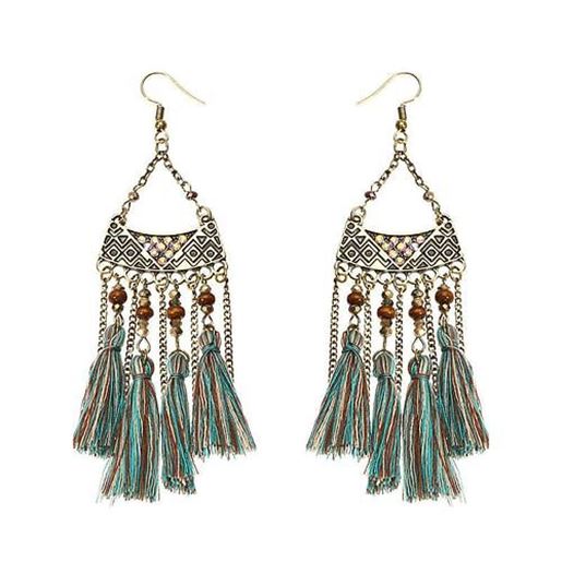 Picture of Women's Bohemian Earrings Retro Wood Bead Crystal Tassel Earrings