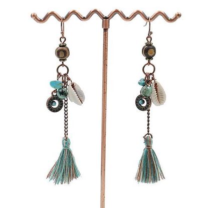 Picture of Women's Bohemian Earrings Wood Shell Turquoise Tassel Earrings