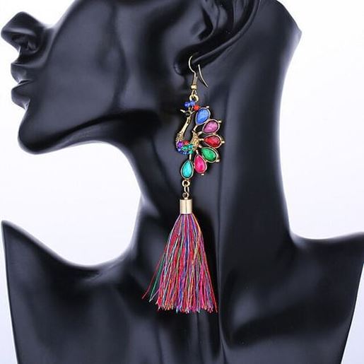 Picture of Ethnic Peacock Crystal Tassels Earrings