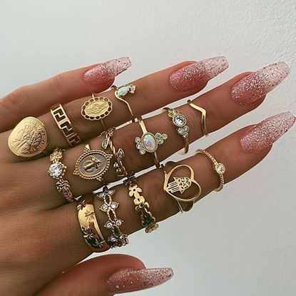 Picture of 15Pcs Gold Coin Rings Set
