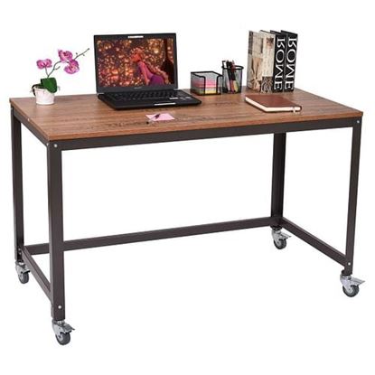 Picture of Industrial Modern Steel Frame Wood Top Computer Desk with Locking Wheels