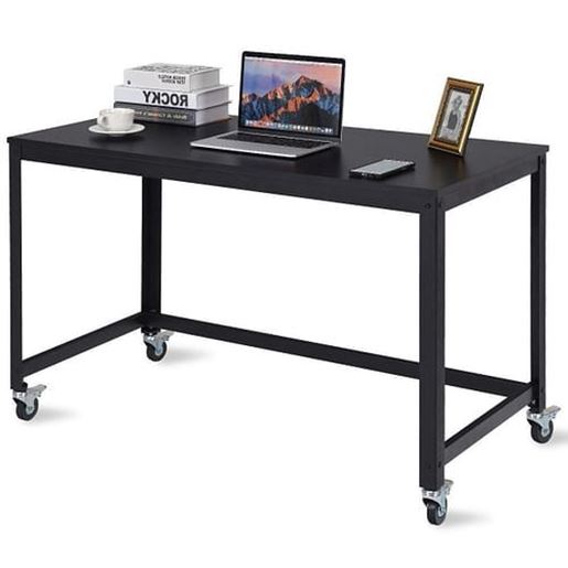 Picture of Mobile Steel Frame Laptop Computer Desk with Black Wood Top and Locking Casters