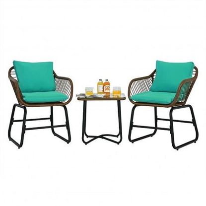 Picture of 3 Pieces Patio Rattan Bistro Set Cushioned Chair Glass Table Deck-Turquoise - Color: Turquoise