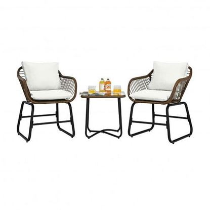 Picture of 3 Pieces Patio Rattan Bistro Set Cushioned Chair Glass Table Deck-White - Color: White