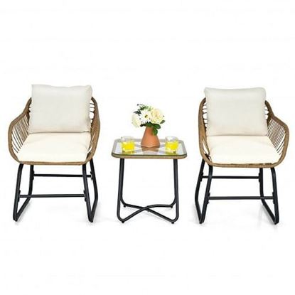 Picture of 3-Piece Patio Bistro Set with 2 Rattan Chairs and Square Glass Coffee Table-White