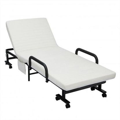 Picture of Folding Adjustable Guest Single Bed Lounge Portable with Wheels-White - Color: White