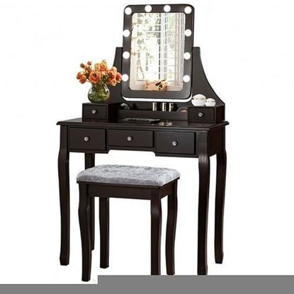 Picture of Vanity Dressing Table Set with 10 Dimmable Bulbs and Cushioned Stool-Brown - Color: Brown