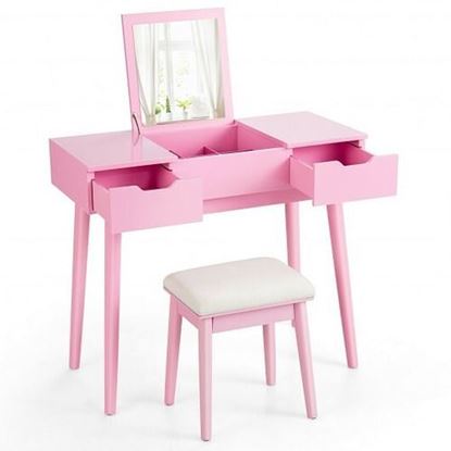 Picture of Makeup Vanity Table Set with Flip Top Mirror and 2 Drawers-Pink - Color: Pink