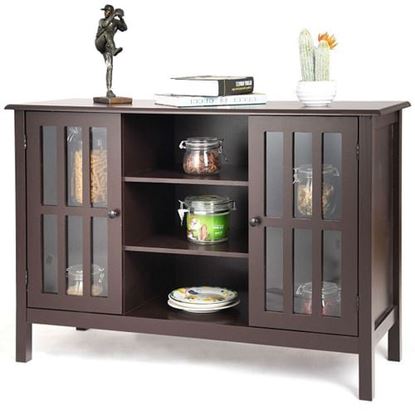 Picture of Brown Wood Sofa Tale Console Cabinet with Tempered Glass Panel Doors