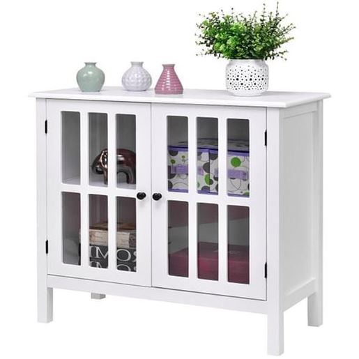 图片 White Wood Sideboard Buffet Cabinet with Glass Panel Doors