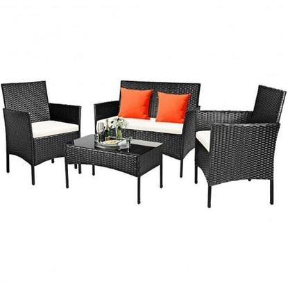 Picture of 4 Pcs Patio Rattan Cushioned Sofa Furniture Set - Color: White