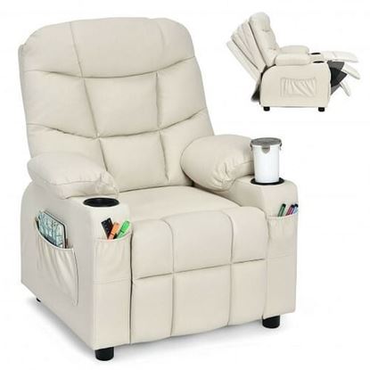 Picture of PU Leather Kids Recliner Chair with Cup Holders and Side Pockets-Beige - Color: Beige