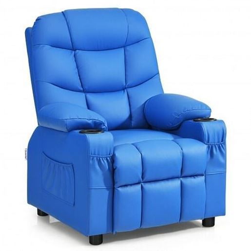 Picture of PU Leather Kids Recliner Chair with Cup Holders and Side Pockets-Blue - Color: Blue