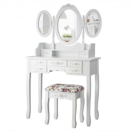 Picture of 7 Drawer Tri-Folding Mirror Dressing Vanity Makeup Set-White - Color: White