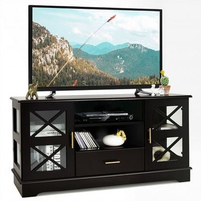 Picture of Glass Door TV Stand with Drawer Storage Shelves-Brown - Color: Brown