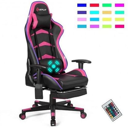 Изображение Massage LED Gaming Chair with Lumbar Support and Footrest-Pink - Color: Pink - Size: 28.5" x 28.5" x (50" - 54")