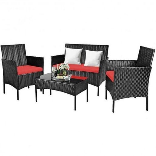 Picture of 4 Pcs Patio Rattan Cushioned Sofa Furniture Set with Tempered Glass Coffee Table-Red - Color: Red