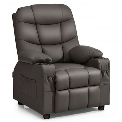 Picture of PU Leather Kids Recliner Chair with Cup Holders and Side Pockets-Brown - Color: Brown