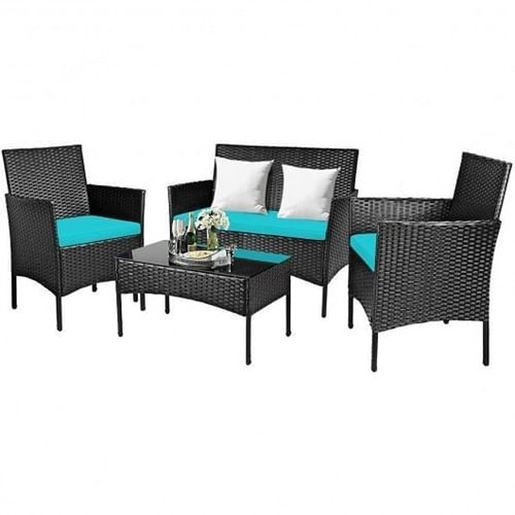 Picture of 4 Pcs Patio Rattan Cushioned Sofa Furniture Set with Tempered Glass Coffee Table-Turquoise - Color: Turquoise