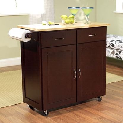 Picture of 43-inch W Portable Kitchen Island Cart with Natural Wood Top in Espresso