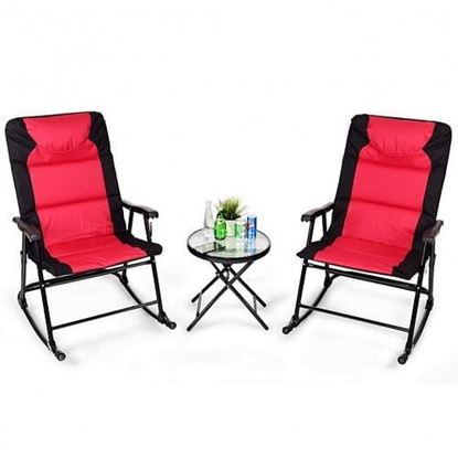 Picture of 3 Pcs Outdoor Folding Rocking Chair Table Set with Cushion-Black&Red - Color: Black & Red