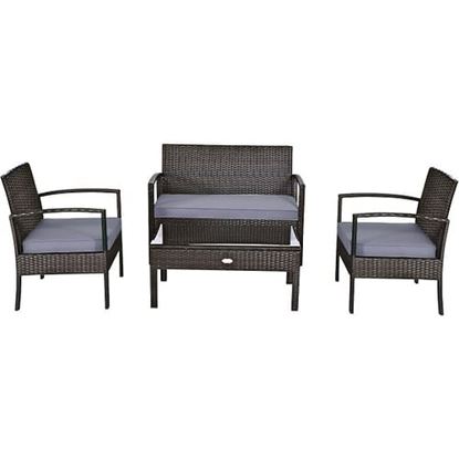 Picture of 4 Pieces Patio Rattan Cushioned Furniture Set with Loveseat and Table -Brown - Color: Brown