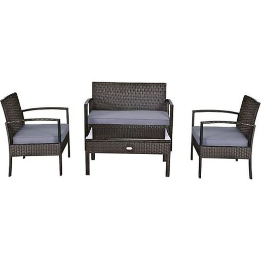 Picture of 4 Pieces Patio Rattan Cushioned Furniture Set with Loveseat and Table -Brown - Color: Brown