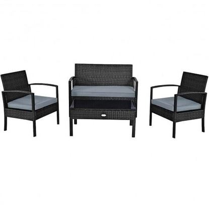 Picture of 4 Pieces Patio Rattan Cushioned Furniture Set with Loveseat and Table -Brown