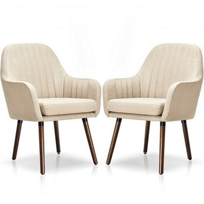 Picture of Set of 2 Fabric Upholstered Accent Chairs with Wooden Legs-Beige - Color: Beige