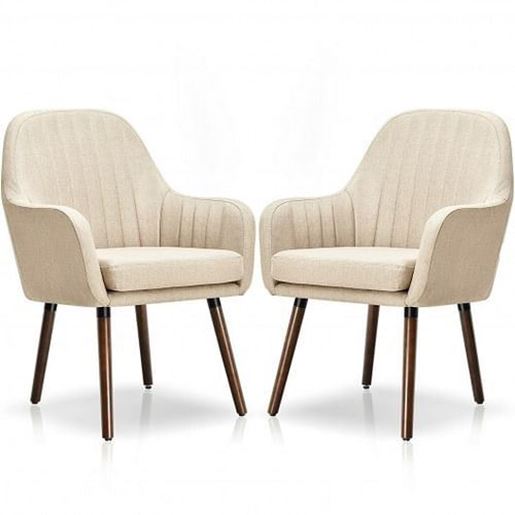 Picture of Set of 2 Fabric Upholstered Accent Chairs with Wooden Legs-Beige - Color: Beige