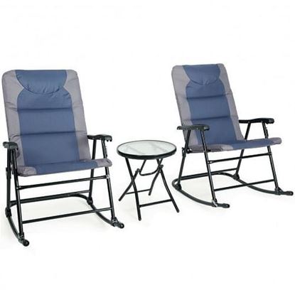 Picture of 3 Pcs Outdoor Folding Rocking Chair Table Set with Cushion-Blue - Color: Blue
