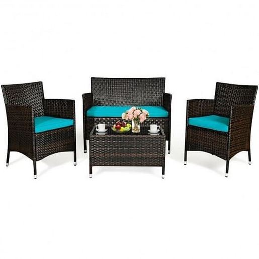 Picture of 4 Pcs Rattan Outdoor Patio Conversation Furniture Set with Glass Table and Comfortable Wicker Sectional Sofa - Color: Turquoise - Size: 41" x 23.5" x 32.5"