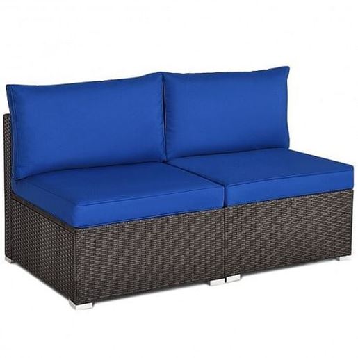 Picture of 2 Pieces Patio Rattan Armless Sofa Set with 2 Cushions and 2 Pillows-Navy