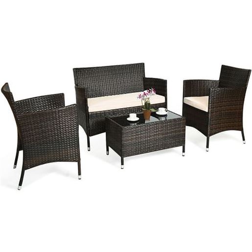 Picture of 4 Pcs Rattan Outdoor Patio Conversation Furniture Set with Glass Table and Comfortable Wicker Sectional Sofa - Color: Khaki - Size: 41" x 23.5" x 32.5"