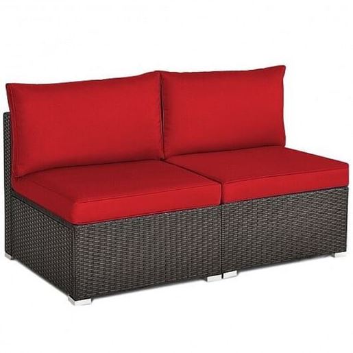 Picture of 2 Pieces Patio Rattan Armless Sofa Set with 2 Cushions and 2 Pillows-Red - Color: Red