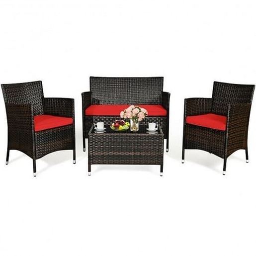 Picture of 4 Pieces Rattan Outdoor Patio Conversation Furniture Set with Glass Table and Comfortable Wicker Sectional Sofa - Color: Red - Size: 41" x 23.5" x 32.5"