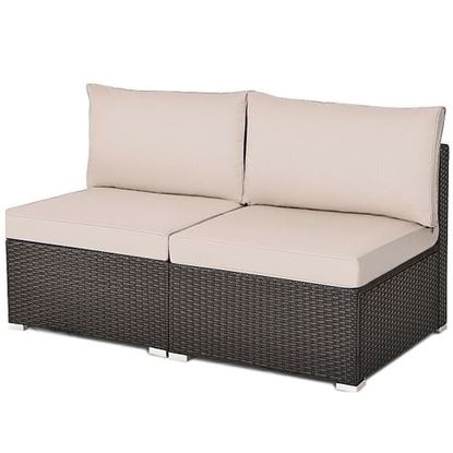 图片 2 Pieces Patio Rattan Armless Sofa Set with 2 Cushions and 2 Pillows-Brown - Color: Brown