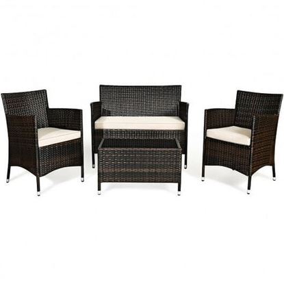 Picture of 4 Pcs Rattan Outdoor Patio Conversation Furniture Set with Glass Table and Comfortable Wicker Sectional Sofa