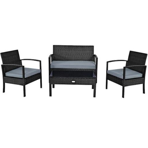 Picture of 4 Pieces Patio Rattan Cushioned Furniture Set with Loveseat and Table-Black - Color: Black