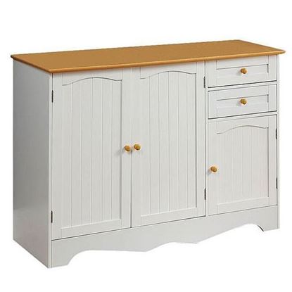 Picture of White Sideboard Buffet Cabinet with Light Wood Finish Top and Knobs